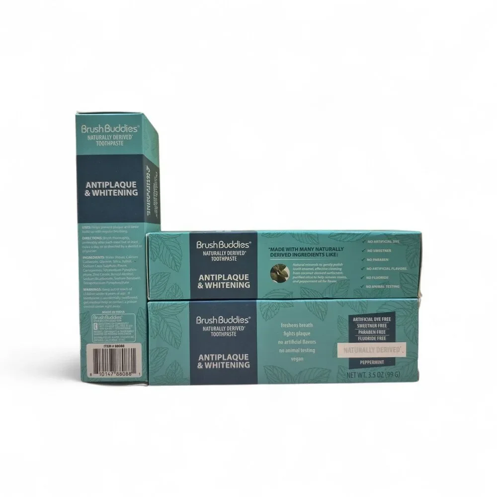 Lot of 3 BrushBuddies Antiplaque & Whitening Toothpaste Peppermint Vegan 3.5 oz